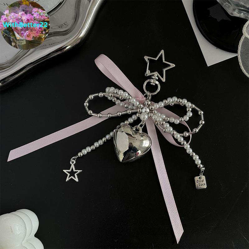 Ins สไตล์ Pearl Bowknot Key Chain จี้หัวใจเงิน Charm ตกแต่งกระเป๋า พวงกุญแจรถ