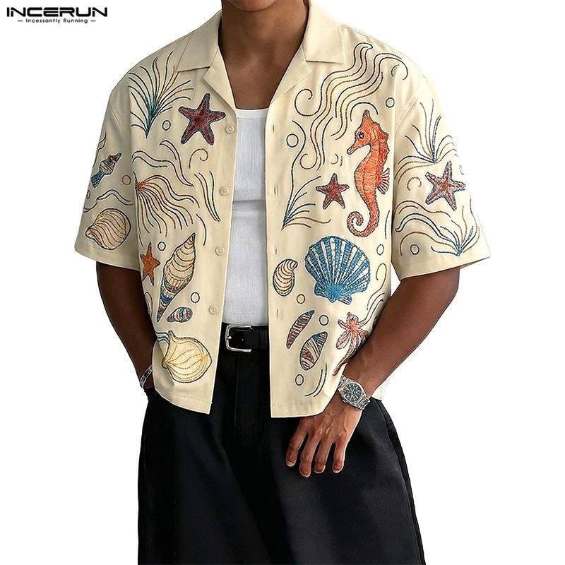 INCERUN เสื้อเชิ้ตแขนสั้นพิมพ์ลาย Mens Coast