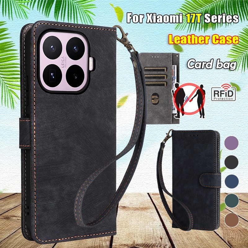 Flip หนังช่องใส่การ์ดสําหรับ Xiaomi 17T 15T 14T Pro Xiaomi17T Xiaomi17TPro 17 T 5G Lanyard เคสโทรศัพท์กันกระแทกป้องกันกรณีกระเป๋าสตางค์วงเล็บปลอกปกหลัง