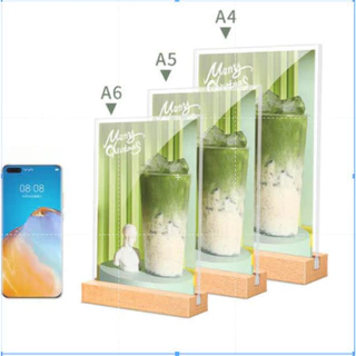ป้ายตั้งโต๊ะ ป้ายอะคริลิค T-shape ขนาดA4/A5 ฐานไม้ แนวตั้ง ป้ายโชว์เอกสาร โชว์หนึ่งด้าน