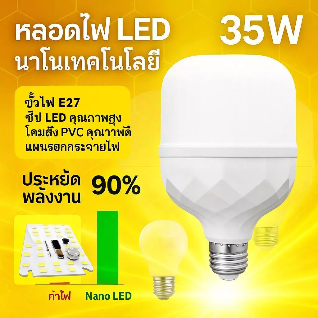 HXdeOoHI ประหยัดค่าไฟทันที! หลอดไฟ LED 35W ฐาน E27 แสงขาวสว่างกว่า เปลี่ยนง่าย ใช้ได้ทั้งในโรงจอดรถ โกดัง และห้องใต้ดิน