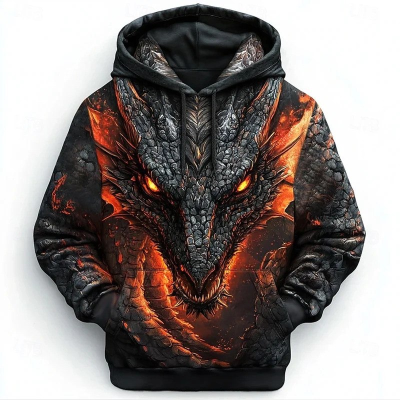 Retro รูปแบบมังกรผู้ชาย Hoodies 3D พิมพ์การออกแบบสร้างสรรค์แขนยาว Casual Pullover แฟชั่น Cool Oversize เสื้อผ้าระบายอากาศ