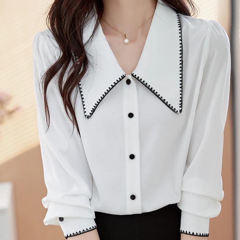 Red Berryเสื้อชีฟองแขนยาวคอปกปีเตอร์แพนรุ่นใหม่ปี 2025 สำหรับผู้หญิง ดีไซน์หรูหราและทันสมัย99311