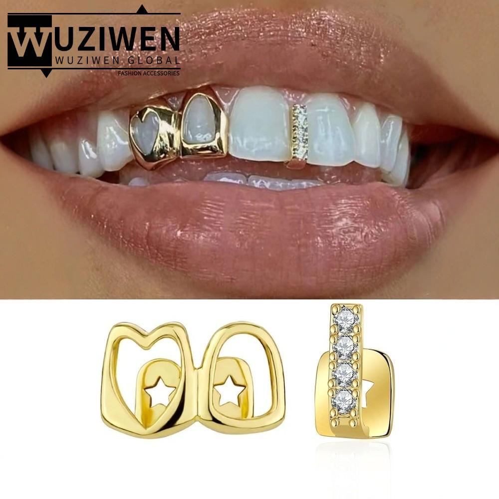 WUZIWEN Grillz, Shiny Hollow Heart Hip Hop ฟัน Grillz, ทองแดงทองสี Double Heart ฟันหมวกผู้หญิง