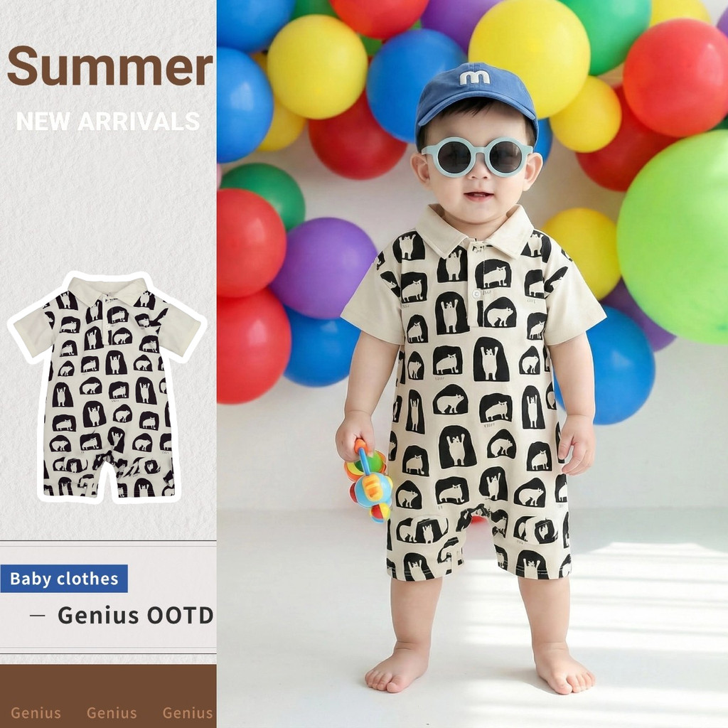 ฤดูร้อนใหม่เสื้อผ้าเด็กชายแขนสั้น Jumpsuit 0-28 เดือนผ้าฝ้ายการ์ตูน Super หล่อเสื้อโปโล Outing เสื้อผ้า