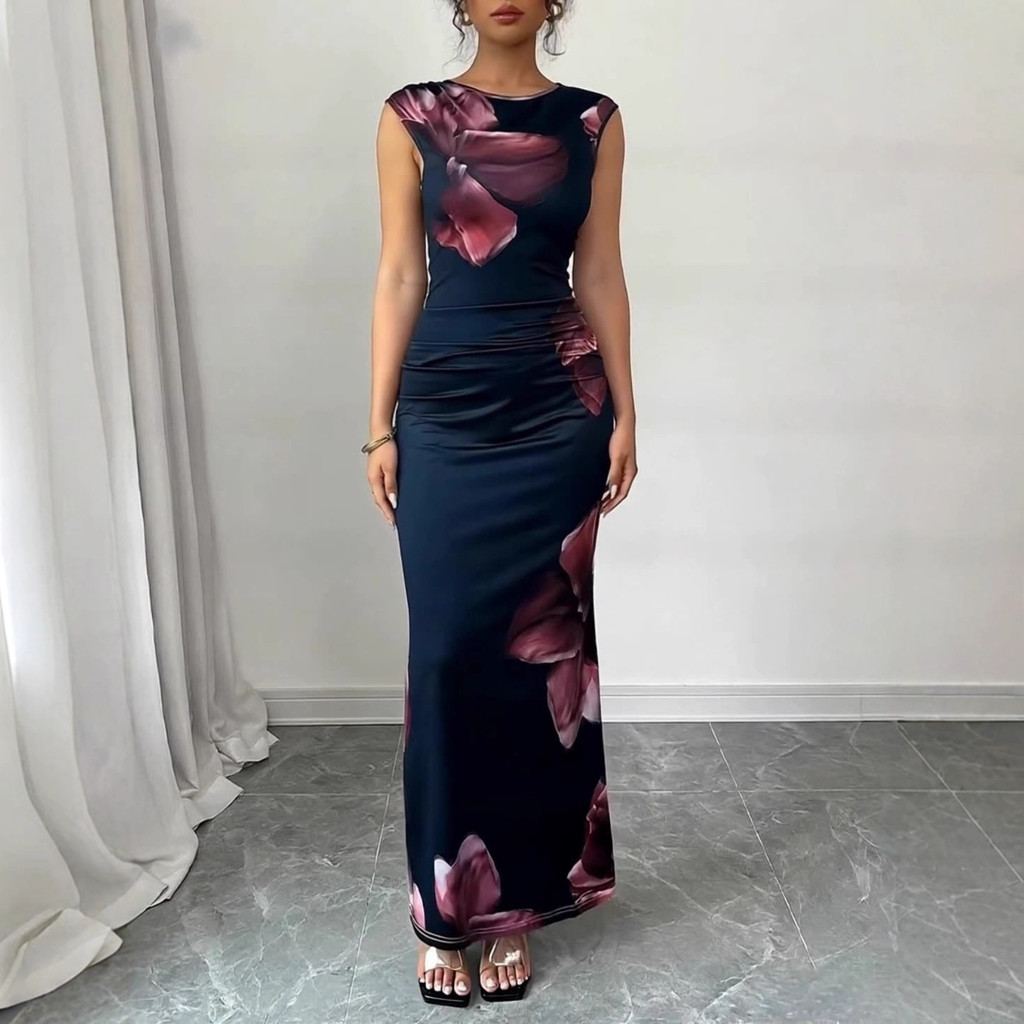2025 European and American Slim Fit Sleeveless One-Step Dress Printed Elegant Bodycon Long Dress for
