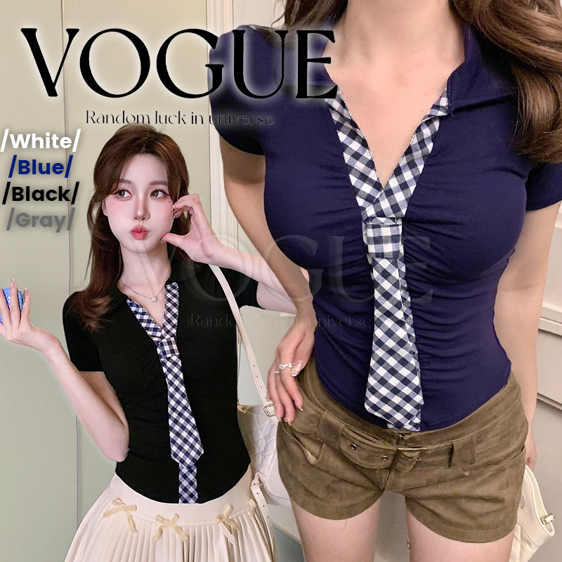 Vogue🌟พร้อมส่ง🌟 เสื้อครอปแขนสั้น คอปก เสริมฟองน้ำ สีพื้นสไตล์มินิมอล (FY5599)