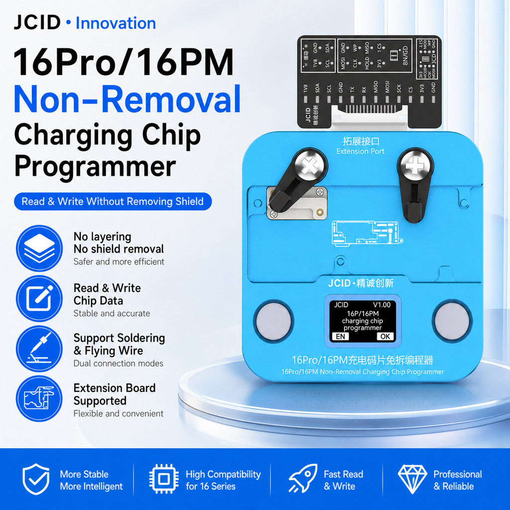 JCID 16Pro/16PM ชาร์จ IC EEProm โปรแกรมเมอร์ชิปซ่อมไม่ถอดชิ้นส่วนเครื่องมือทดสอบสําหรับ IPhone 16Pro