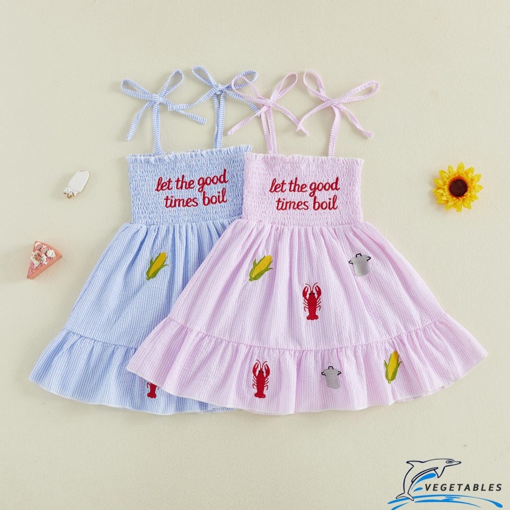 ZHY-Little เด็กวัยหัดเดินสาวลายชุด Lobster Corn Pot Letter ปัก Tie ไหล่ A-line Smock ชุดสําหรับฤดูใบไม้ผลิฤดูร้อน