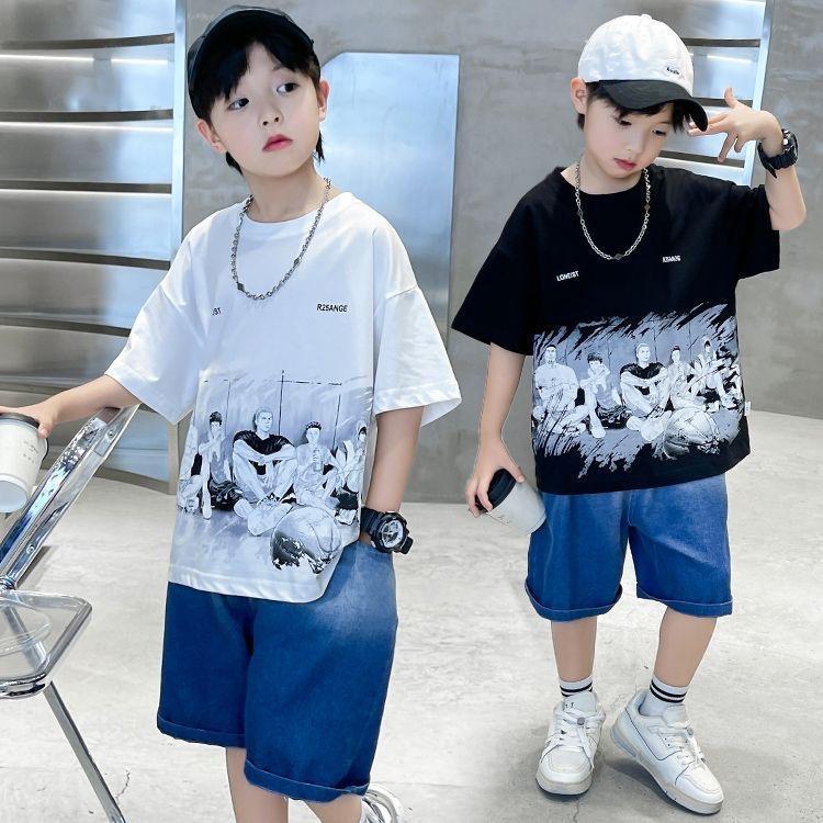 ชุดเด็กชาย เซ็ต 2 ชิ้น เสื้อยืดลายกราฟิก กางเกงยีนส์เด็กโต ชุดเด็กชายแฟชั่น B559