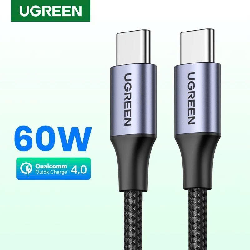 Ugreen Type C 60W สายชาร์จเร็ว Ugreen 50152 US261 ยาว 2M 1M 0.5M ชุบนิกเกิลสีดําพร้อมหัวอลูมิเนียมป้