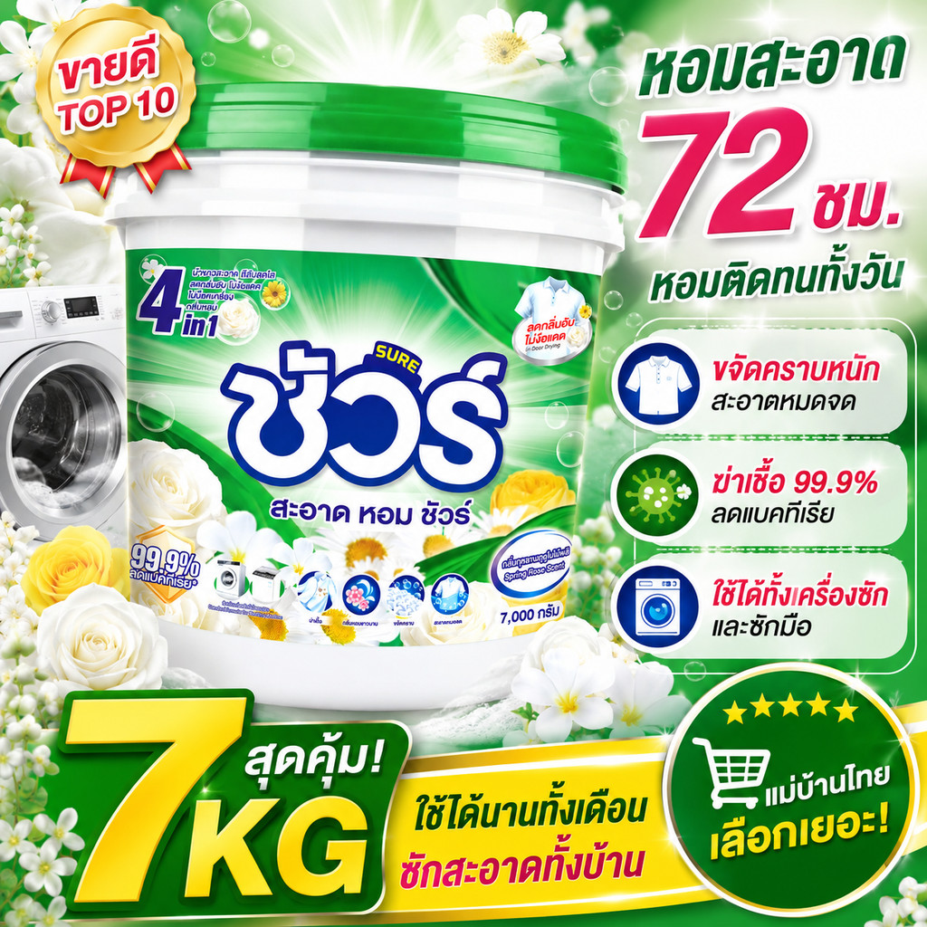 SURE 4in1 ผงซักฟอก สูตรเข้มข้น 7KG หอมติดทน 72 ชม. ฆ่าเชื้อ 99.9% ซักเครื่องได้