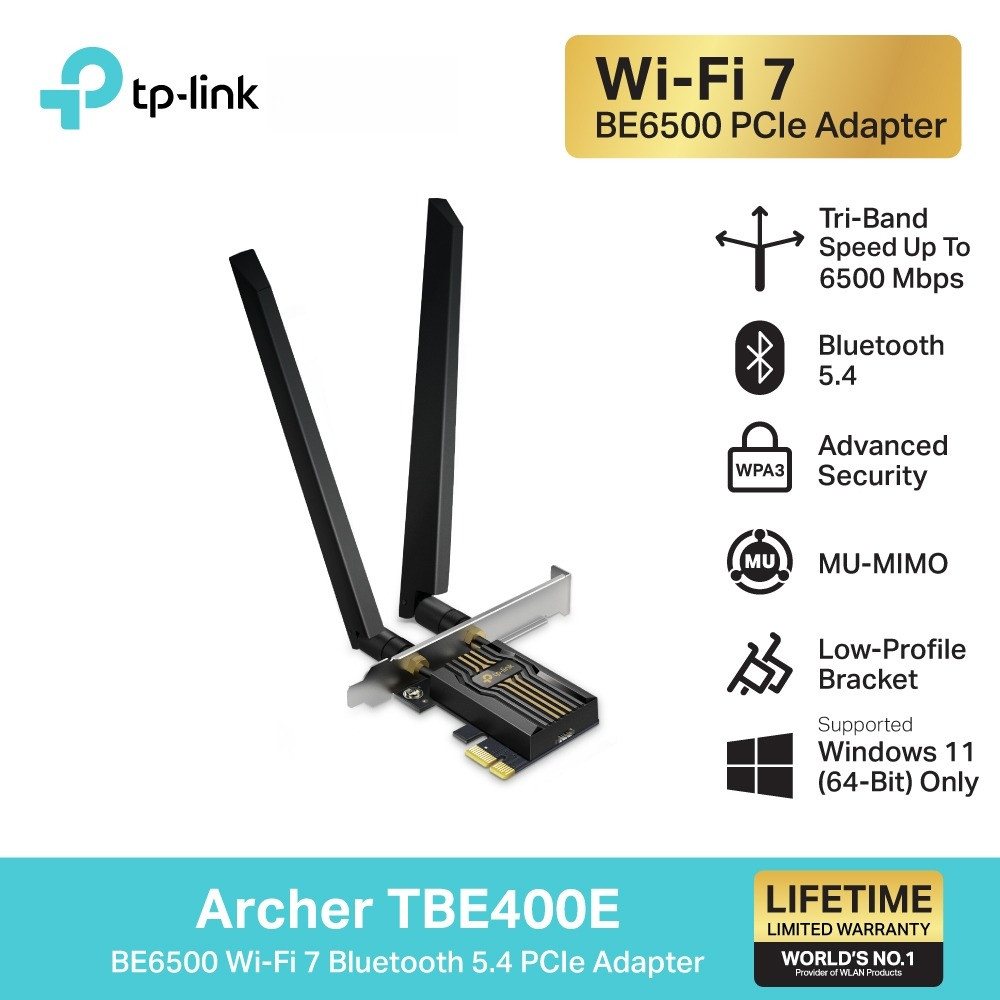 TP-Link Archer TBE400E อะแดปเตอร์ไวไฟ 7 บลูทูธ5.4 BE6500 Wi-Fi 7 Bluetooth 5.4 PCIe Adapter อัปเกรดเดสก์ท็อปให้เป็นไวไฟ7