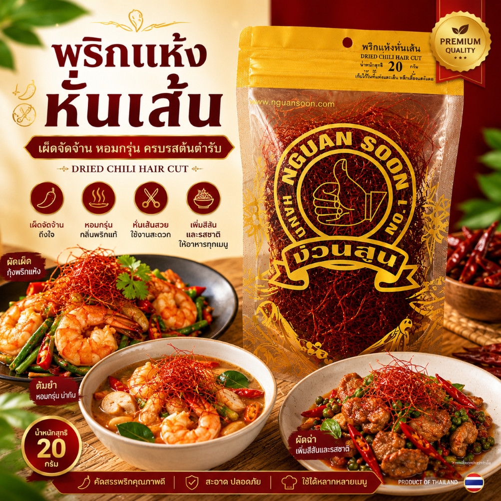 พริกแห้งหั่นเส้น ขนาด 20 กรัม ง่วนสูน ตรามือที่1 DRIED CHILI HAIR CUT