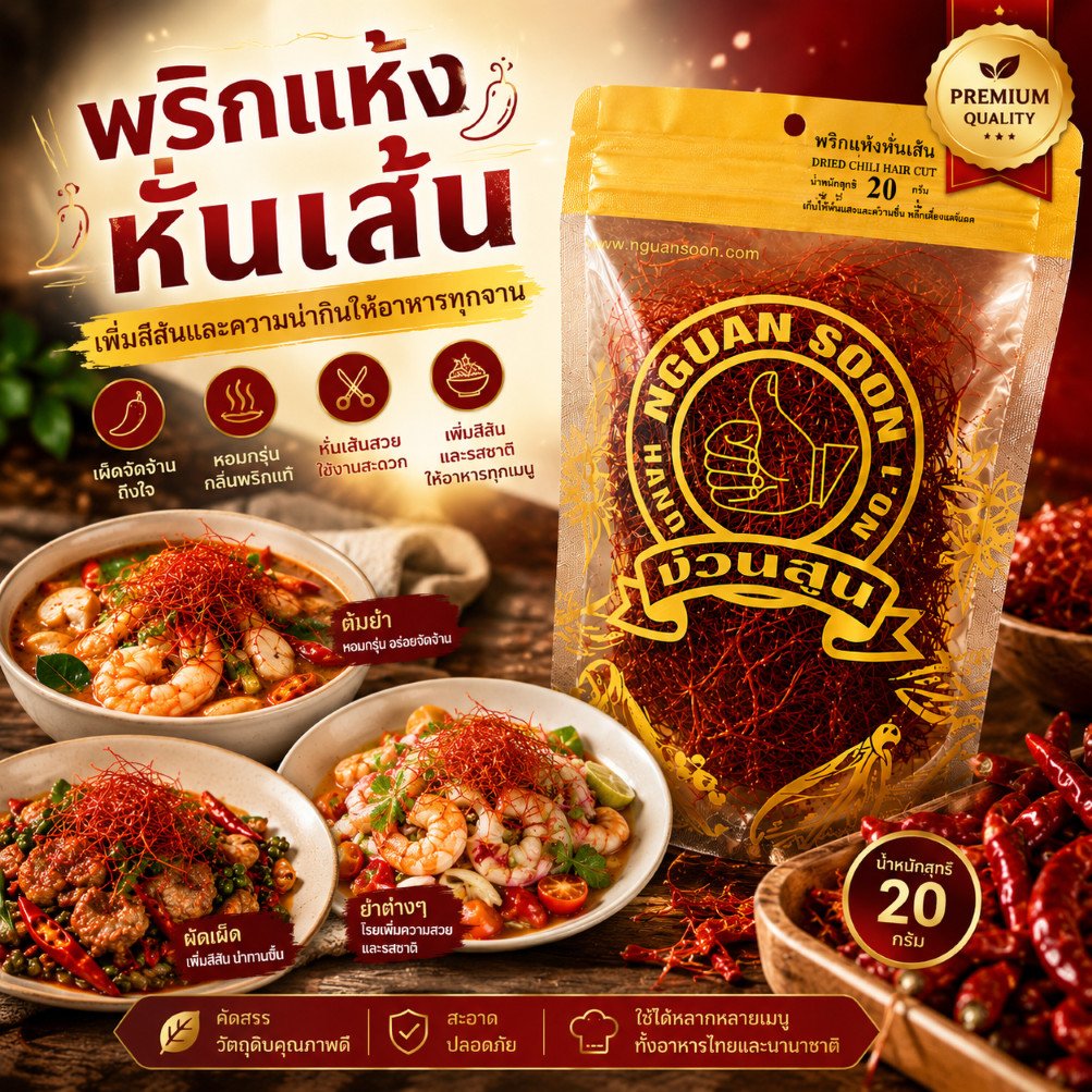 พริกแห้งหั่นเส้น ขนาด 20 กรัม ง่วนสูน DRIED CHILI HAIR CUT