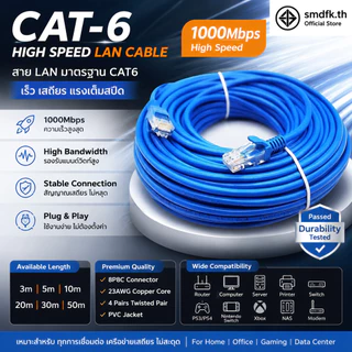 สาย LAN ความเร็วสูง CAT6 RJ45 ความยาว 3/5/10/20/30/50 เมตร ขั้วต่อ 8P8C ชุบทอง ทองแดง 23AWG พร้อมสายรัดเคเบิล เหมาะสำหรับใช้ในบ้านและสำนักงาน จัดส่งจากประเทศไทย