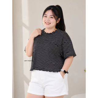 เสื้อยืดสาวอวบ คอแต่งระบาย ลายริ้ว เนื้อผ้านิ่ม ใส่สบาย ระบายอากาศดี สไตล์มินิมอล สาวอวบใส่สวย tb8202#