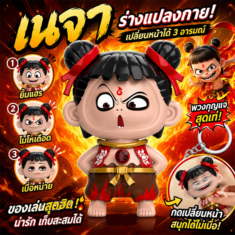 ตุ๊กตาเปลี่ยนหน้า Nezha มี 4 แบบให้เลือก การ์ตูนอนิเมะ ของเล่นเด็ก พวงกุญแจ