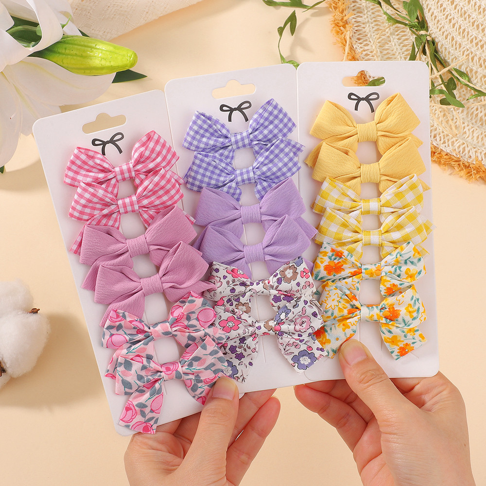 4/6 ชิ้นน่ารักดอกไม้สด Checkered Bows กิ๊บติดผมสําหรับเด็กทารกน่ารักลูกไม้ลายเส้นด้าย Barrette Hairpins อุปกรณ์เสริมผม