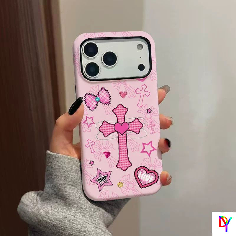 ข้ามรูปหัวใจสีชมพูสําหรับ Oppo Reno15Promax/Reno13Pro 5G/Reno12/12Pro 5G/Reno10/10Pro/Reno7Z/8Z 5G/A54/A74 5G 2-in-1 เคสป้องกันการล่มสลายขั้นสูง