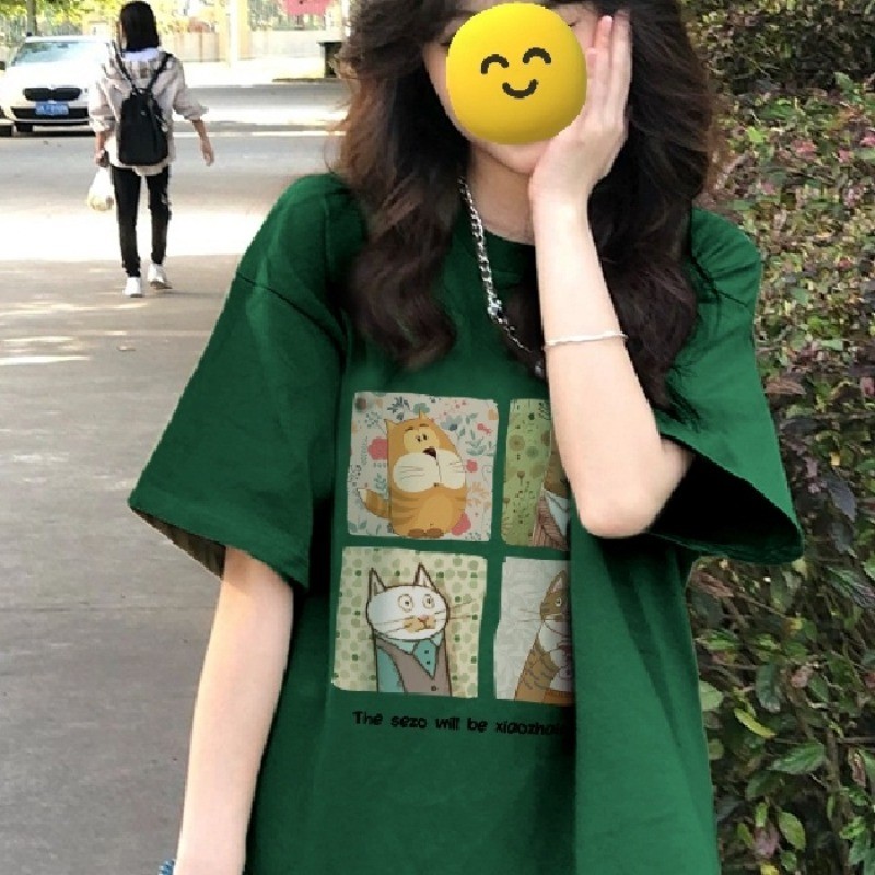 2026Summer Vintage การ์ตูนหลากสีน่ารักขนาดใหญ่ผู้หญิงแขนสั้น Plus ขนาดเสื้อยืดเกาหลีหลวมรอบคอ TopsCO