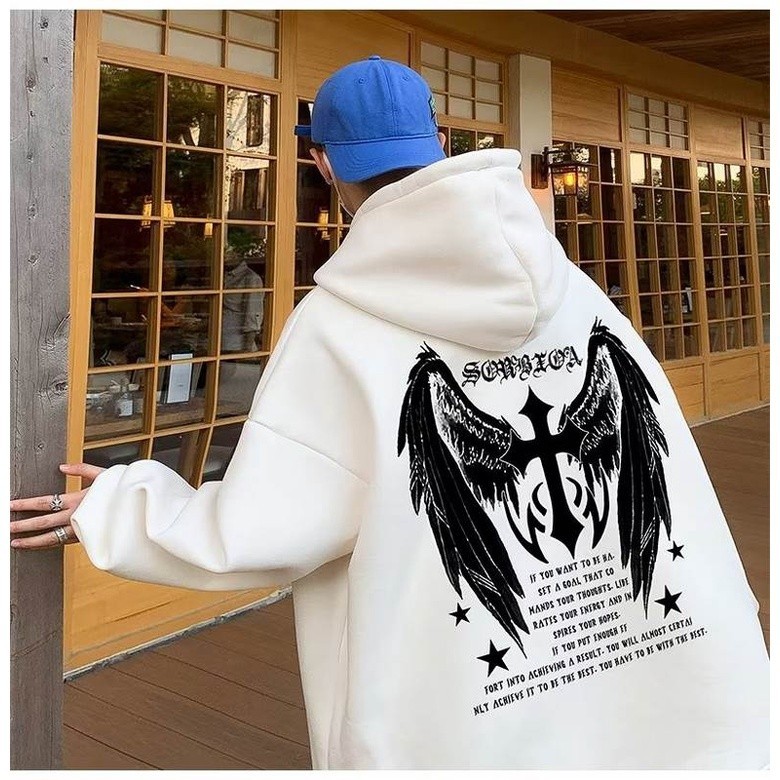 M-3XL เสื้อฮู้ด มีฮู้ด พิมพ์ลายปีกไม้กางเขน ขนาดใหญ่ โอเวอร์ไซซ์ แฟชั่นฤดูหนาว สไตล์เกาหลี สําหรับผู้ชาย และผู้หญิง ไ