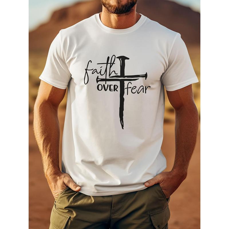 [เสื้อยืด FAITH OVER FEAR] เสื้อยืดแขนสั้นที่สบายและระบายอากาศได้ - เสื้อพิมพ์ด้านหน้าสำหรับผู้ชาย F
