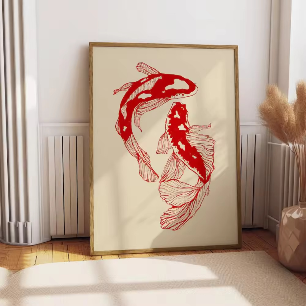 1 poster wall decoration poster wall art vintage red koi poster canvas painting wall art living room