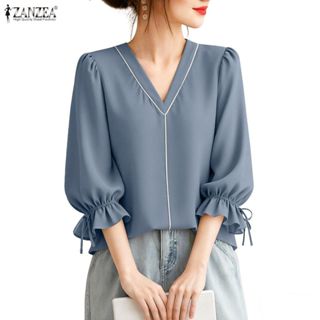 ZANZEA เสื้อผ้าเกาหลีสำหรับผู้หญิง แบบคลาสสิก V-neck แขนระบา…