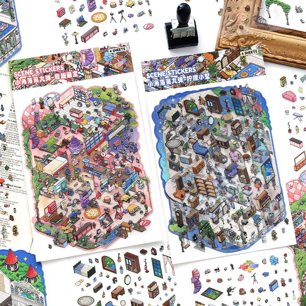 WEI 4 ชิ้น [Lemon Cottage Series] 3D ขนาดใหญ่พิเศษกันน้ําภูมิทัศน์สติกเกอร์การ์ตูนสไตล์ Whimsical St