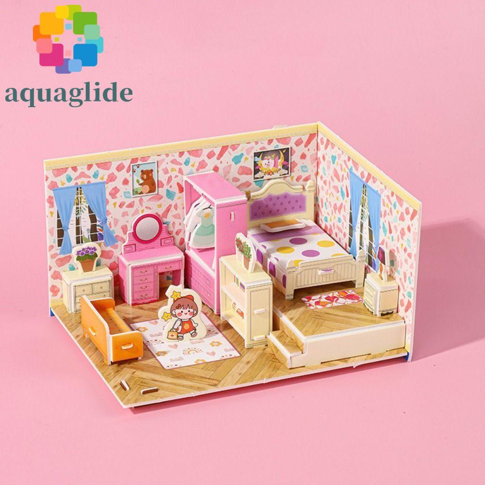 AQUAGLIDE 3D Room Model Puzzle Toys, 3D Model Kitchen กระดาษแข็งห้อง 3D, ห้องนอนน่ารักห้องนั่งเล่น H