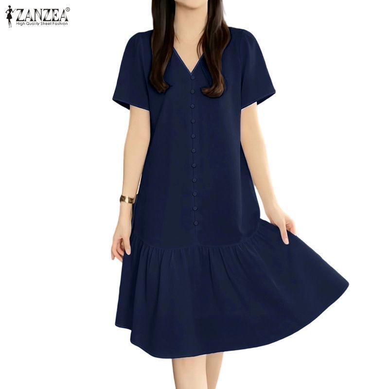 ZANZEA ผู้หญิงเกาหลีหรูหรา V คอแขนสั้นปุ่มตกแต่ง Ruffles Hem Midi A-Line เดรสสายเดี่ยว