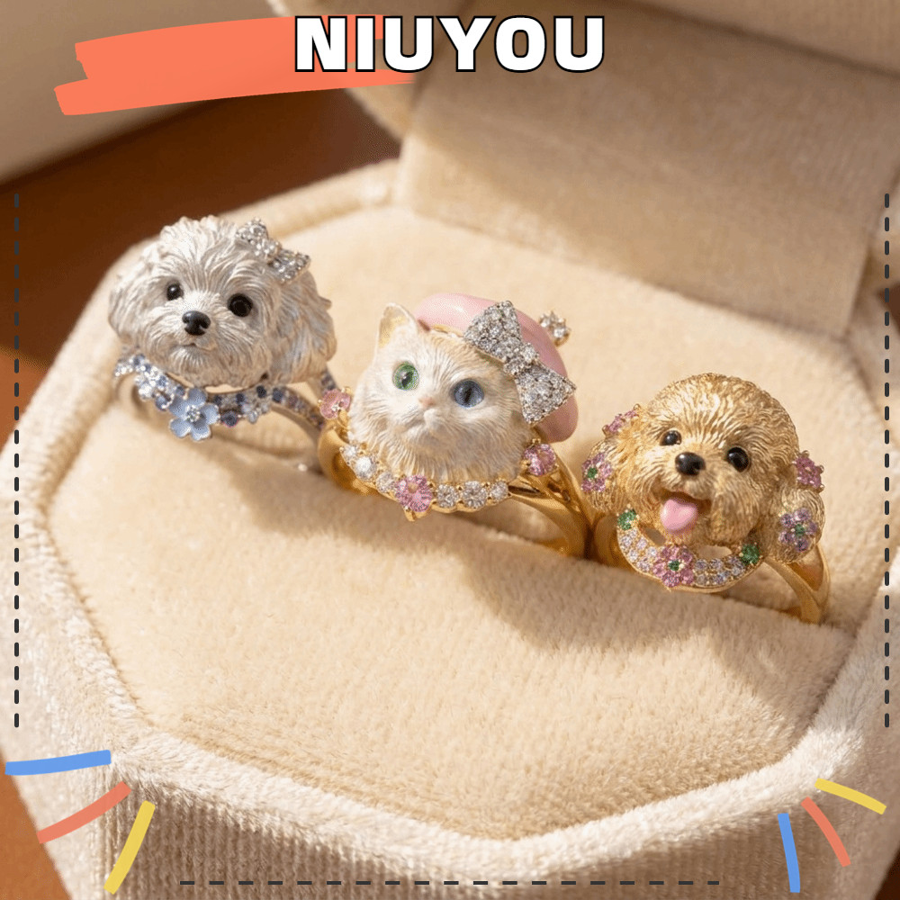 NIUYOOU แหวนสุนัข, แหวนแมวหวานขนาดเล็ก, น่ารักประณีต Matte Brushed ปรับเครื่องประดับสัตว์แฟนของขวัญ