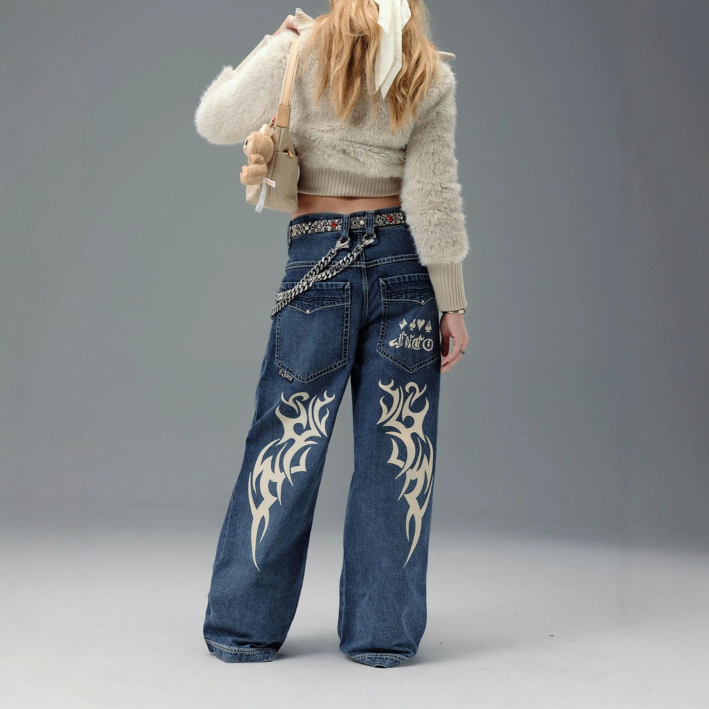 Jnco พิมพ์กางเกงยีนส์ผู้หญิง 2025 แฟชั่นกางเกงผ้ายีนส์ตรง