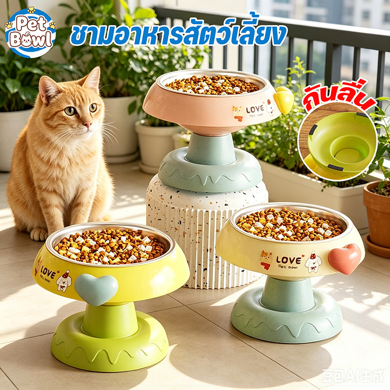 NEW ชามอาหารสัตว์เลี้ยง สแตนเลส 304 ฐานกันลื่น สูงเหมาะ ป้องกันปัญหาคอ ทนทาน เหมาะสำหรับแมวและสุนัข