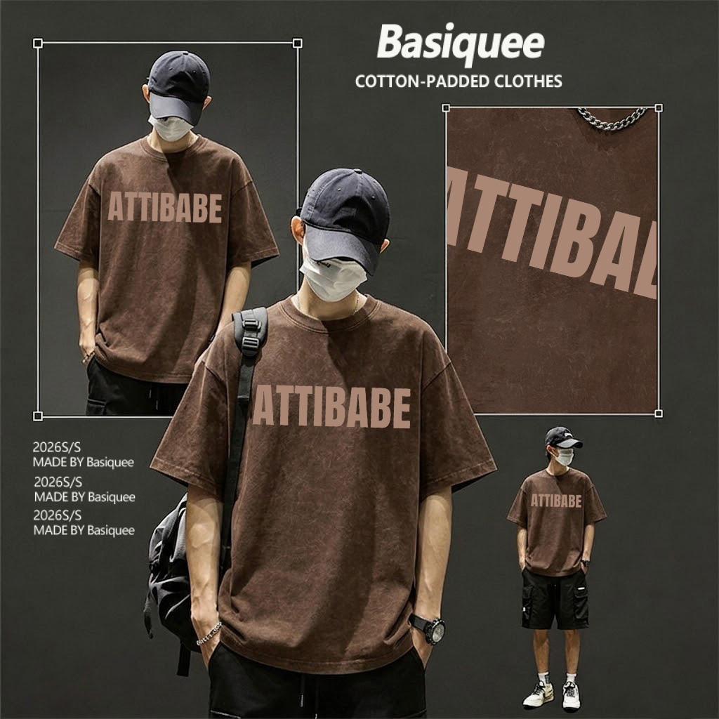 Basi💥เสื้อผู้ชาย เสื้อยืด oversize เสื้อฟอก วินเทจ สตรีท เกรดพรีเมียม เสื้อคอตตอน ไม่หดตัว ใส่สบาย ลาย "ATTIBABE"