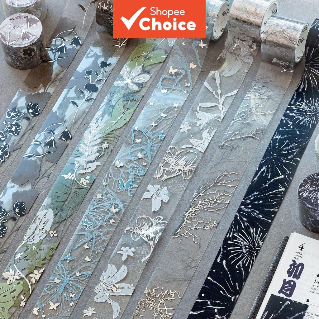 Zhaoyu Journaling เทป PET Hot Stamping Silver Floral โปร่งใสสติกเกอร์กันน้ําม้วน Ins ความงาม Washi เทป