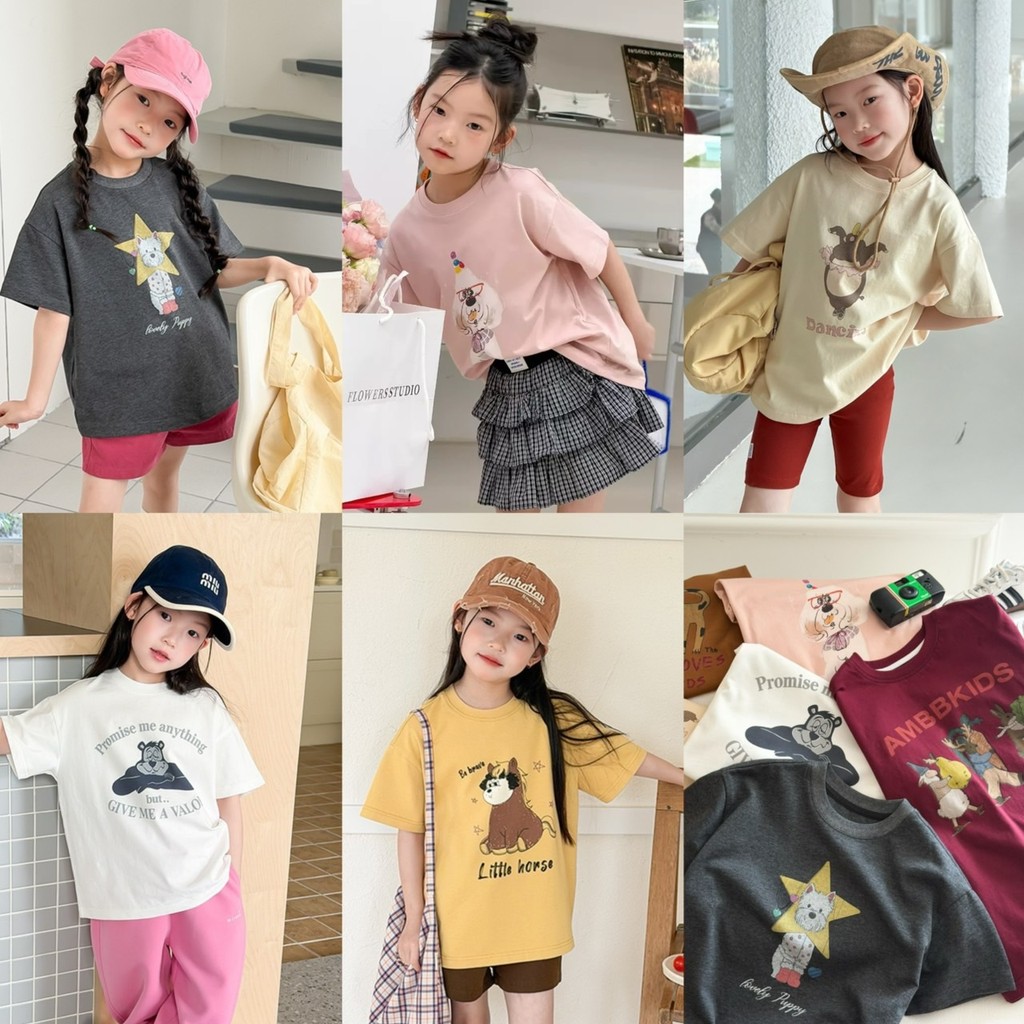 PRETTY BABY เสื้อยืดเด็ก เสื้อคอกลม ทรงโอเวอร์ไซส์ ลายน้องสัตว์ (2219)