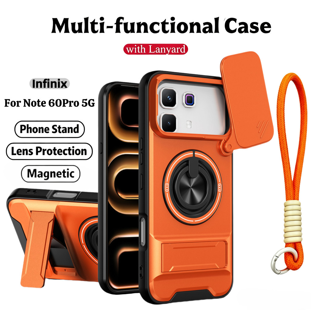 เคสโทรศัพท์มัลติฟังก์ชั่นหรูหราเหมาะสําหรับ Infinix Note 60 Pro 5G Lanyard 360°ขาตั้งแหวนพร้อมปลอกกล้องแม่เหล็กติดรถยนต์กันกระแทกฝาครอบป้องกันเต็มรูปแบบ
