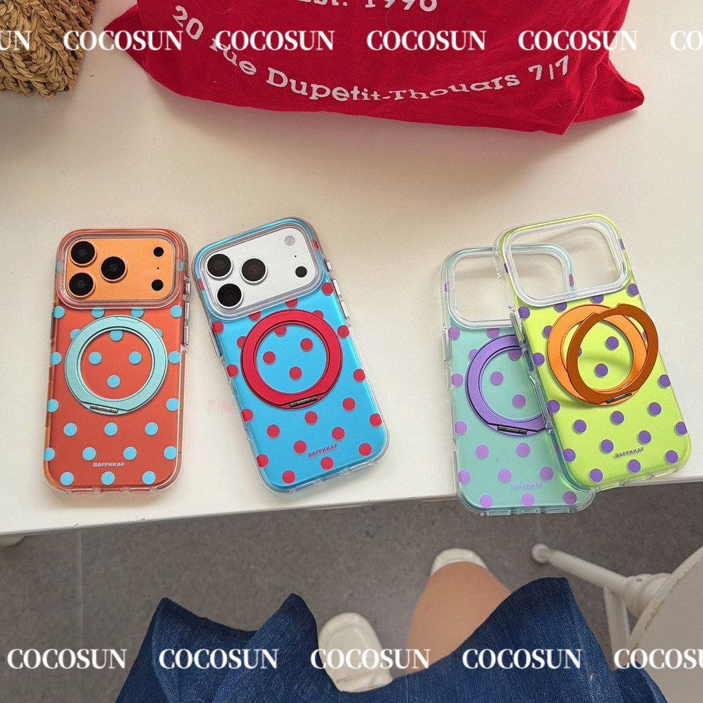 เคสแม่เหล็กสีตัดกันลายจุด 360°เคสโทรศัพท์ iPhone แบบขายึดหมุนได้ 17 Pro max 16 15