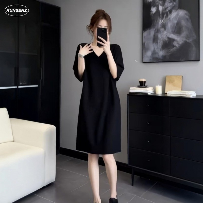 M-4XL ธรรมดาสีดํา V คอ Midi Dress Plus ขนาดผู้หญิง Casual Slim Fit ชุดฤดูร้อน