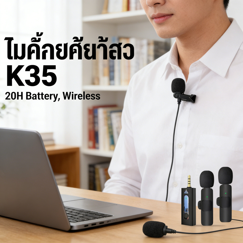 ไมโครโฟนไร้สาย ไมค์ไลฟ์สด สมาร์ทโฟนลำโพง หนีบปกเสื้อ รุ่น3.5 K35 Wireless Microphone