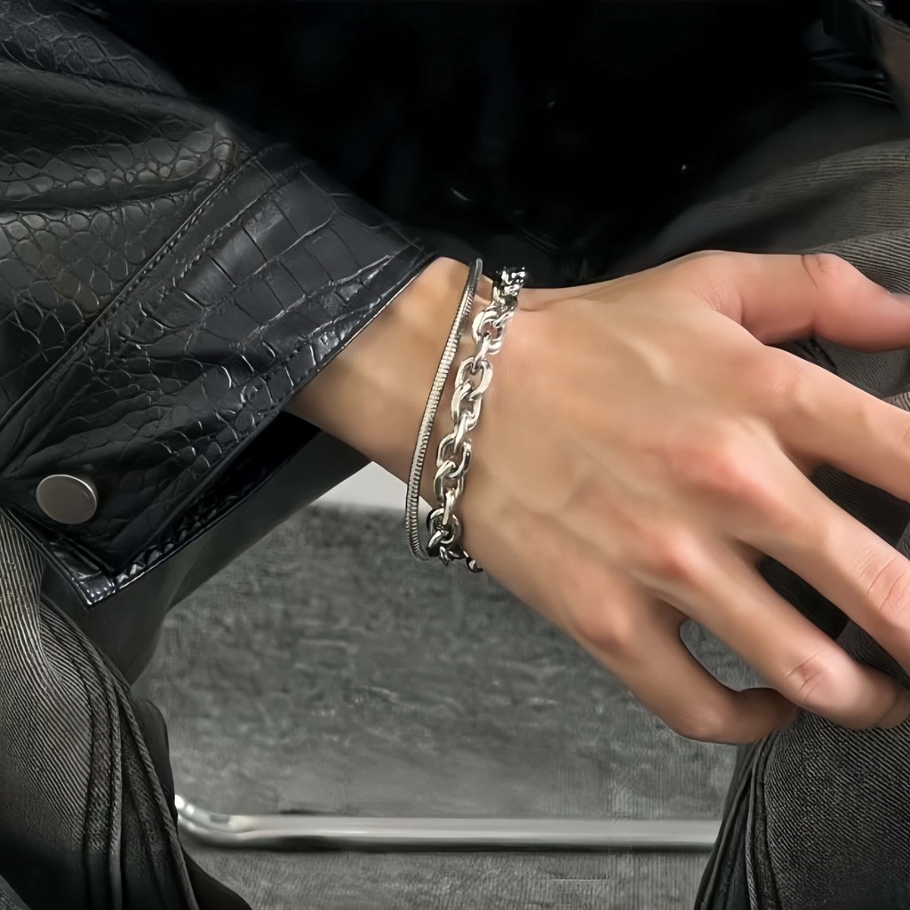 กำไลข้อมือไทเทเนียมสตีล สวมซ้อนสองชั้น สไตล์คิวบา ฮิปฮอป ไม่ลอกสี ยูนิเซ็กส์ สำหรับคู่รัก