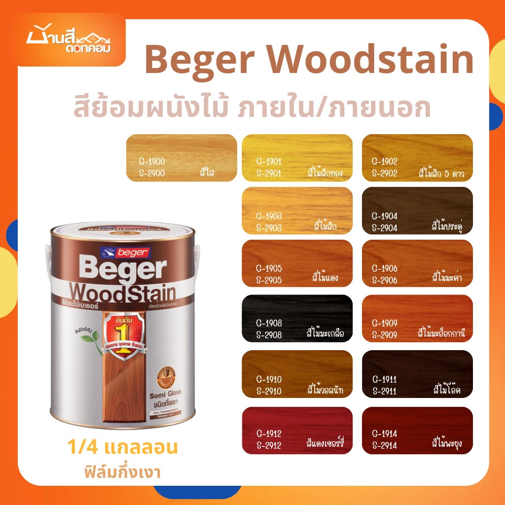 Beger WoodStain สีย้อมไม้ กึ่งเงา ทาผนังภายในและภายนอก 1/4 แกลลอน สีทาผนังไม้ ผนังไม้ สีทาไม้