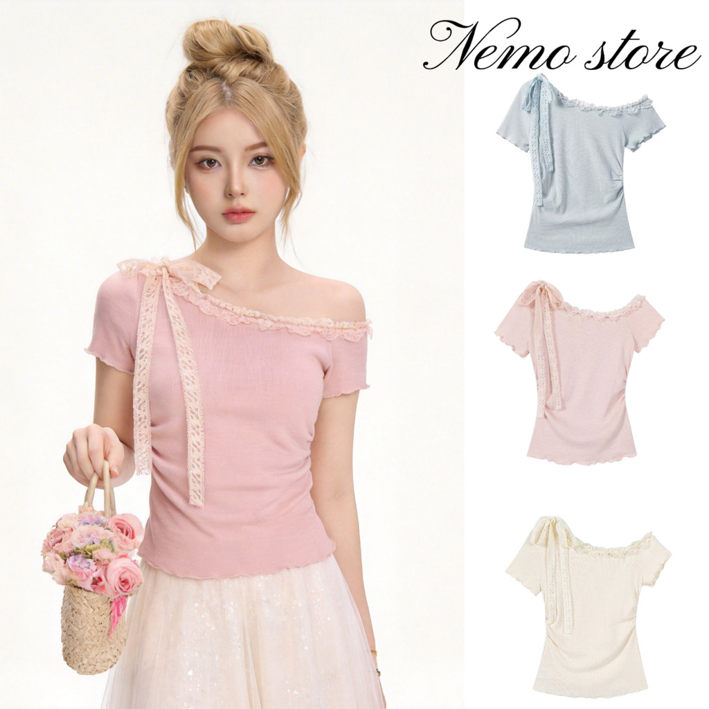 Nemo🌸 เสื้อยืดปาดไหล่เกาหลี ผูกโบว์ ขอบลายหยัก สีพาสเทล น่ารัก ใส่เที่ยวปัง(FY3144)