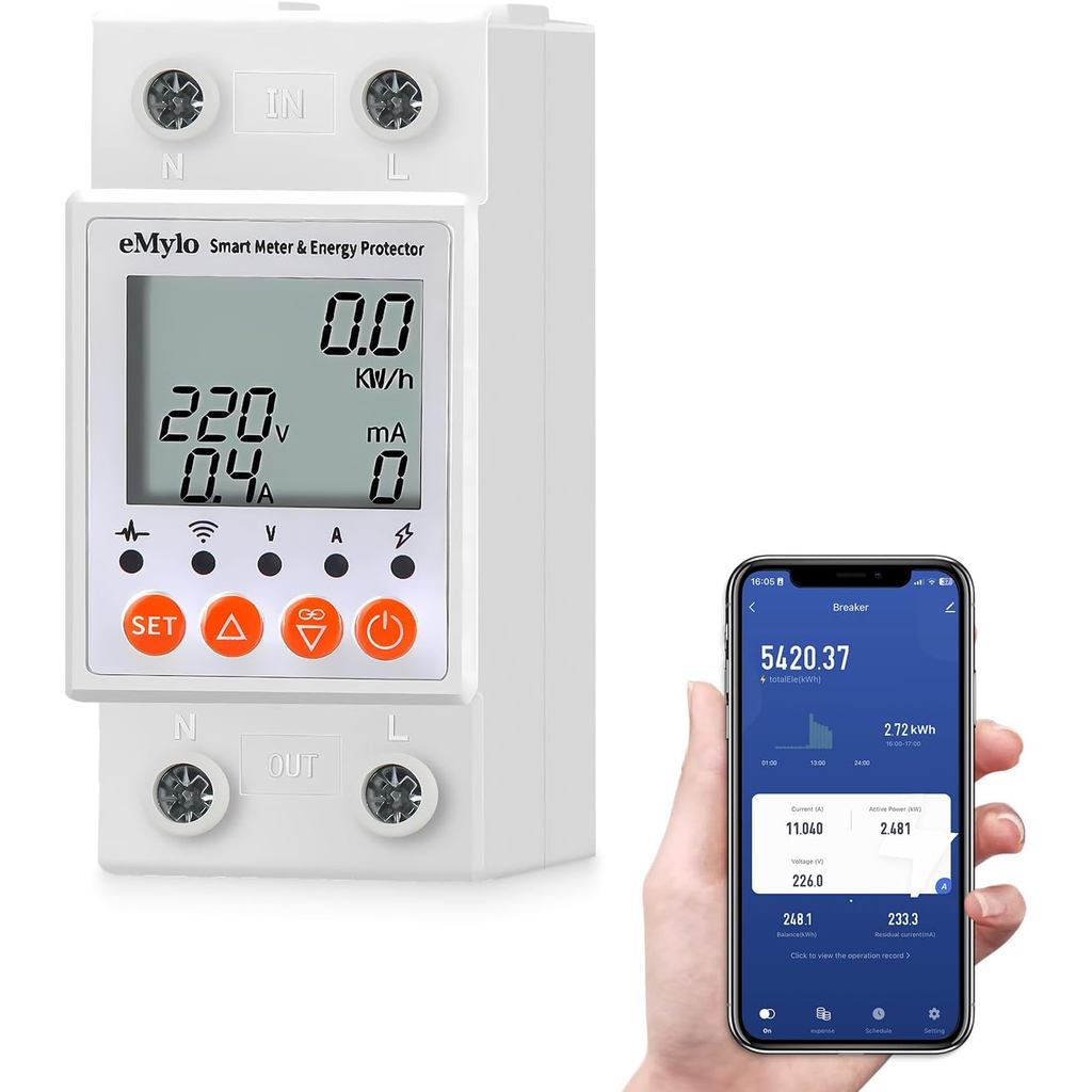 EMylo Smart Watt Meter Single-Phase AC 63A 80-400V, Tuya WiFi Power Meter Energy Monitor APP รีโมทคอ