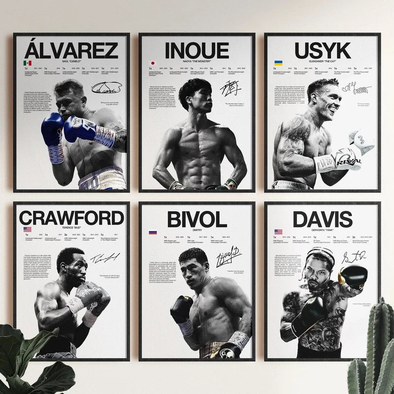โปสเตอร์พิมพ์ความละเอียดสูงของ Alvarez, Naoya Inoue, Usyk, Crawford, Biwall, และ Davis สําหรับห้องมว
