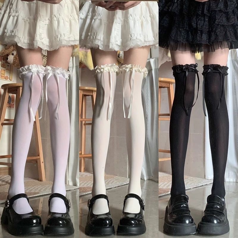 Lolita สีขาว Over-the-Knee ถุงเท้าฤดูร้อนบางกํามะหยี่สูงต้นขาถุงเท้า Pure Desire ลูกไม้โบว์ถุงน่อง D