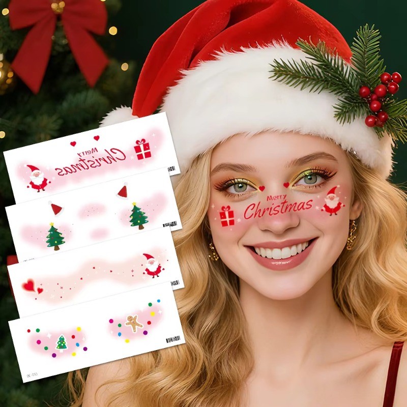3/5/10แผ่นหน้าคริสต์มาสรอยสักชั่วคราว-น่ารักซานตากระสักสติกเกอร์-กันน้ําแต่งหน้าสักปลอมสําหรับสาวพรรค - รูปที่ 2