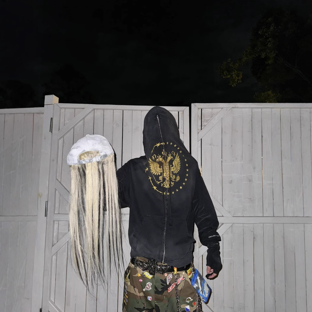 VC0D Grailz 24ss Double-headed Bird Raglan Two-in-One Gloves Distressed Zipper Jacket Hooded Sweatsh